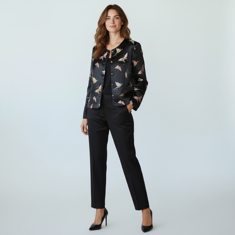Maggy London Vintage Black Butterfly Print Satin Blouse Jacket Gold Buttons‎ 4